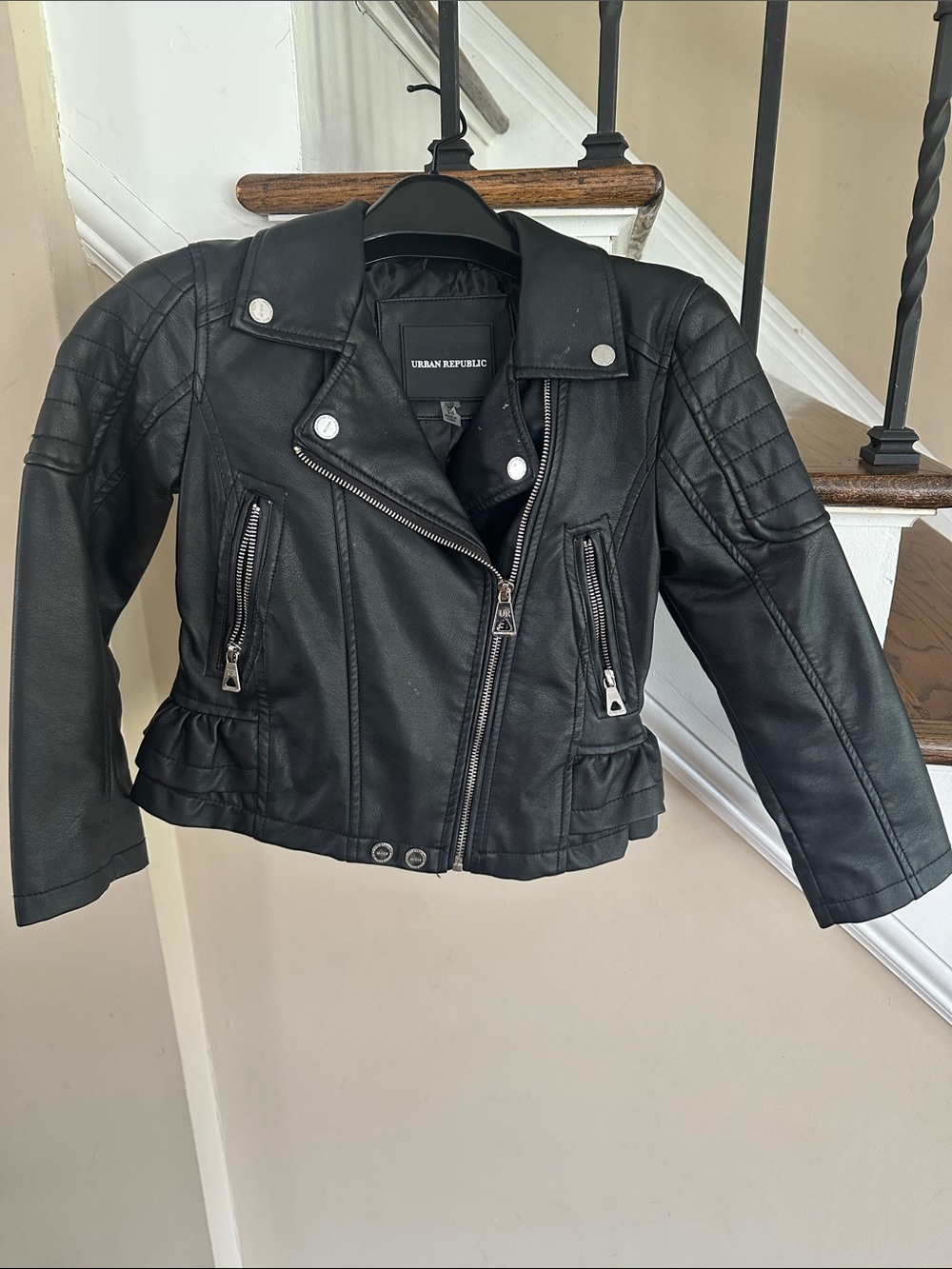 Urban Republic Black Quilted Faux Leather Moto Jacket with Ruffle Hem